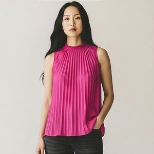 Cache Magenta Pink Pleated Smocked High Neck Sleeveless Blouse Top Large